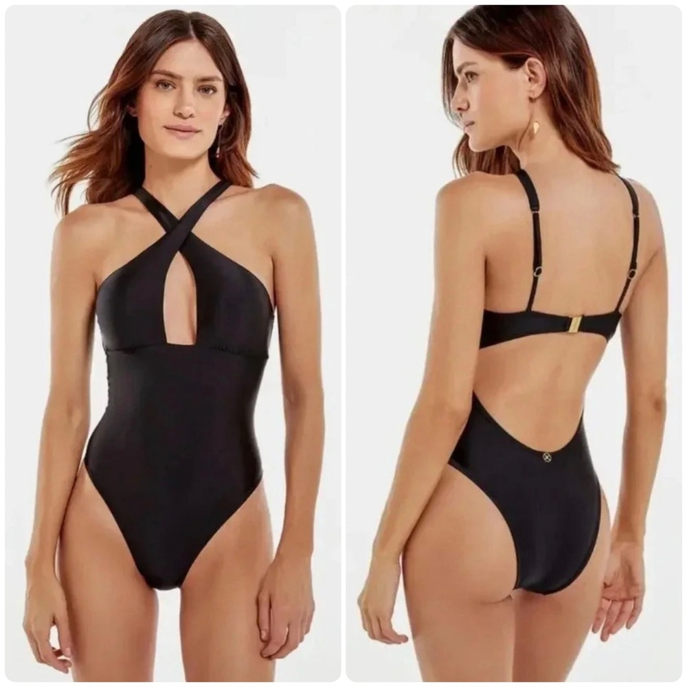 NWT ViX Paula Hermanny Womens Black Solid Noemi Gold Accent One Piece Swimsuit M